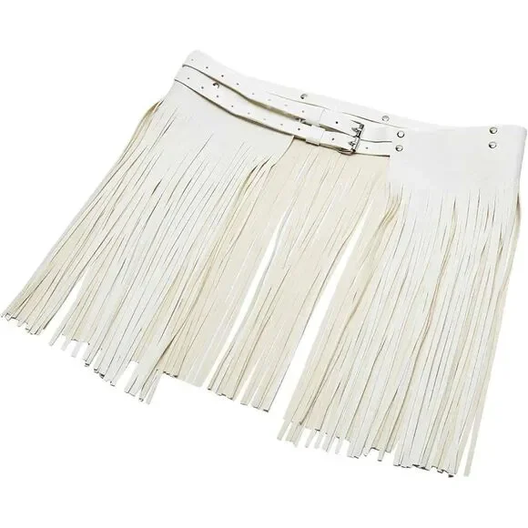 Fringe Tassel Skirt White Faux Leather Buckle Belted Mini Womens Size OS - Picture 2 of 6